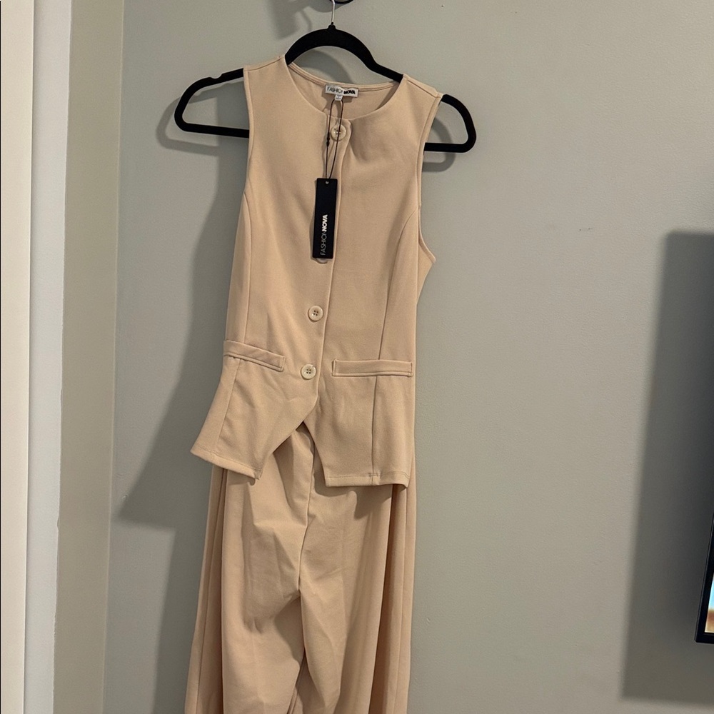 Beige Sleeveless Vest and Pants jumpsuit